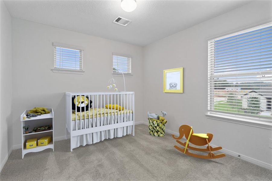 Secondary bedroom features plush carpet, custom paint and large windows.