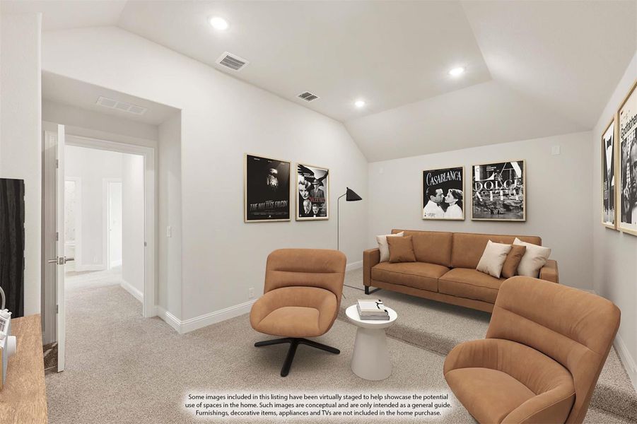 Sitting room with vaulted ceiling, tan leather seating, carpet floors, and classic movie posters on white walls
