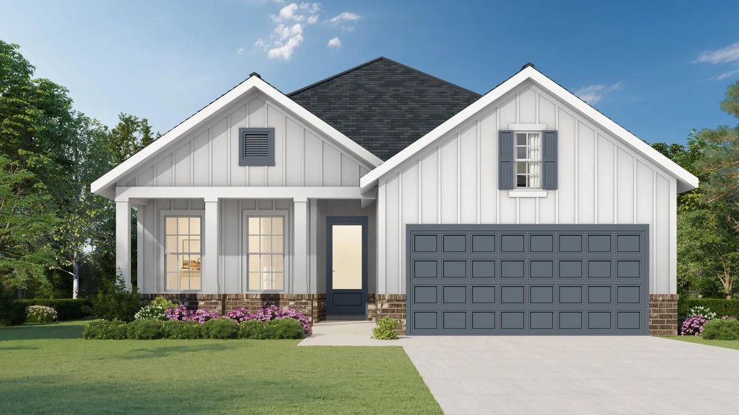White board-and-batten exterior with contrasting gray trim White board-and-batten exterior with contrasting gray trim