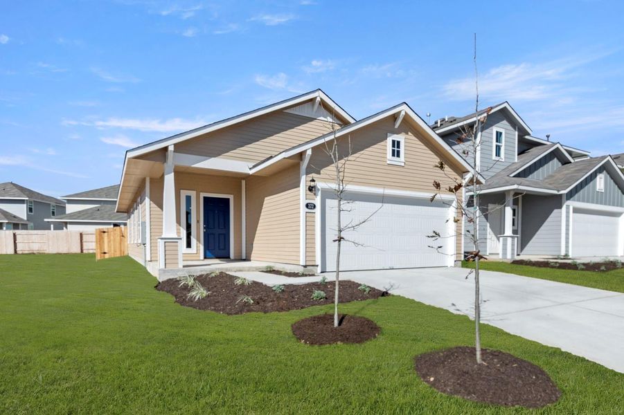 Front exterior of a new home in Hymeadow, Maxwell, TX, highlighting curb appeal (Image 2). Front exterior of a new home in Hymeadow, Maxwell, TX, highlighting curb appeal (Image 2).