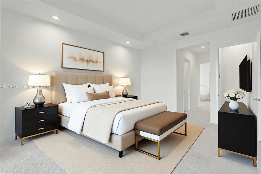 Virtually Staged - Primary bedroom with large ensuite bath and 2 walk-in closets