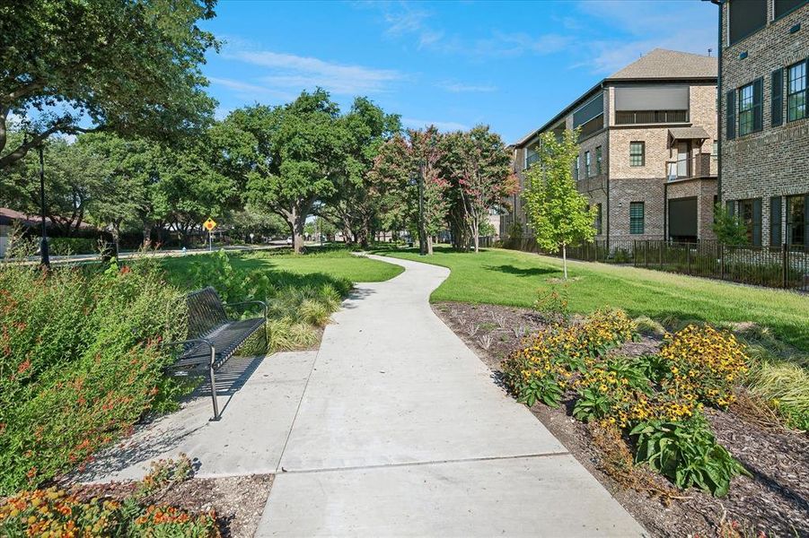 Curved concrete pathway with manicured lawn and mature trees Curved concrete pathway with manicured lawn and mature trees
