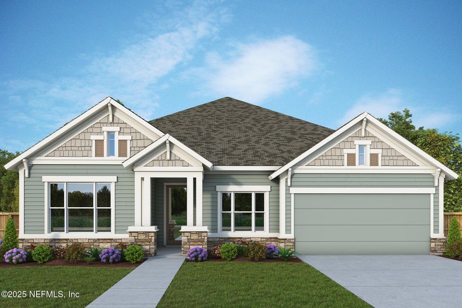 Front exterior of a new home in Evergreen Island at Silverleaf - Executive, St. Augustine, FL, highlighting curb appeal (Image 1).