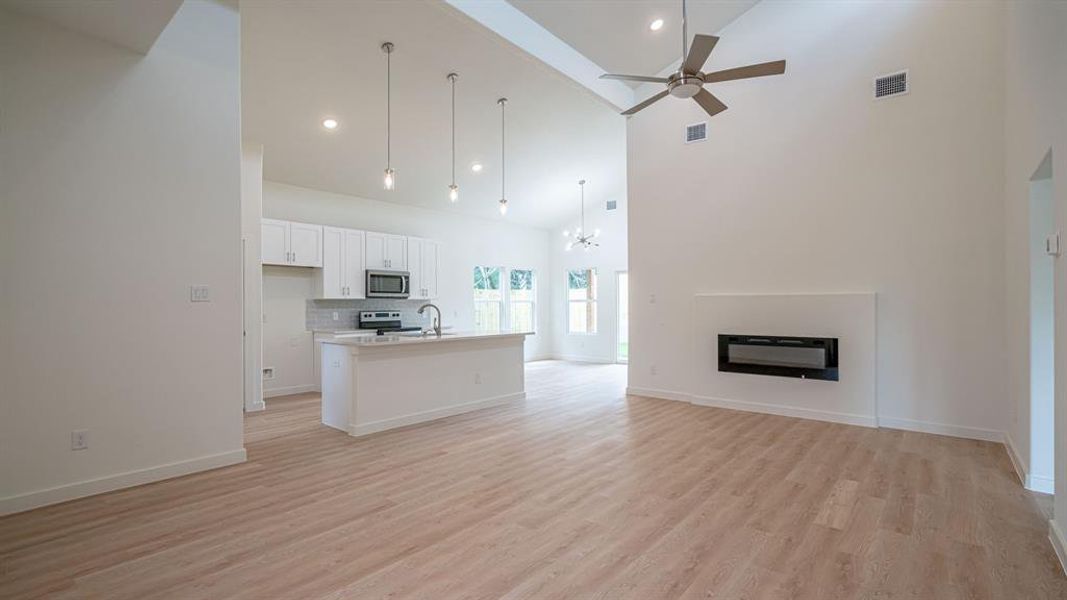 Living room with decorative fireplace