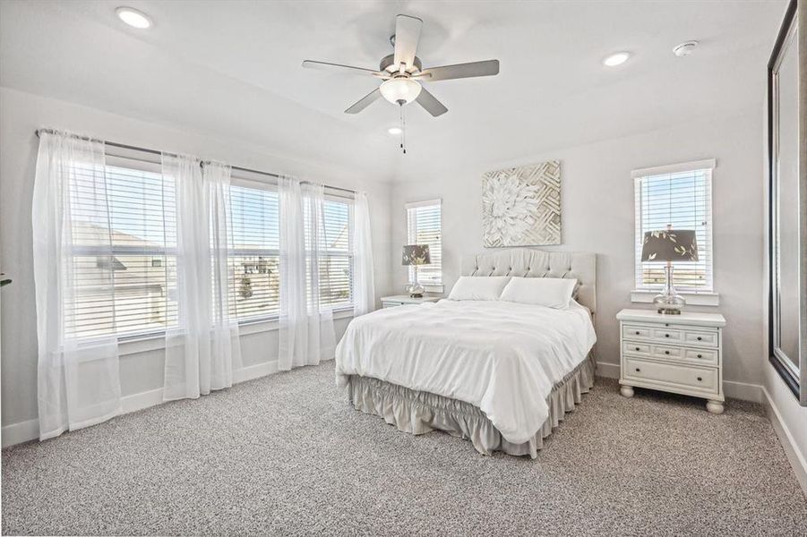 Carpeted bedroom with ceiling fan and multiple windows