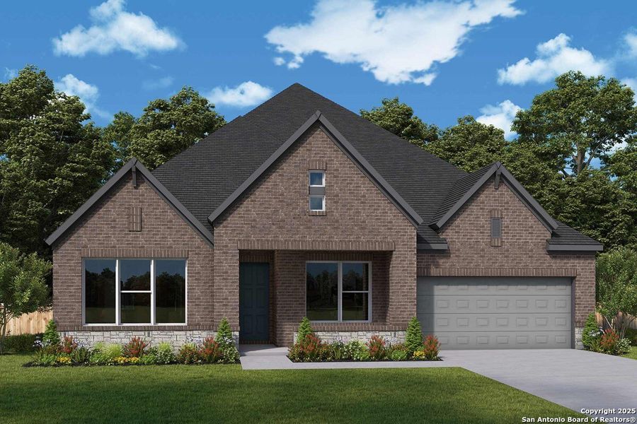 Front exterior of a new home in Windsong - Legacy Series, Boerne, TX, highlighting curb appeal (Image 1).