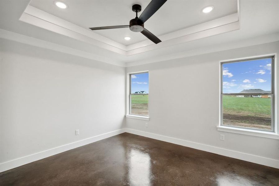 Spare room with ceiling fan and a tray ceiling