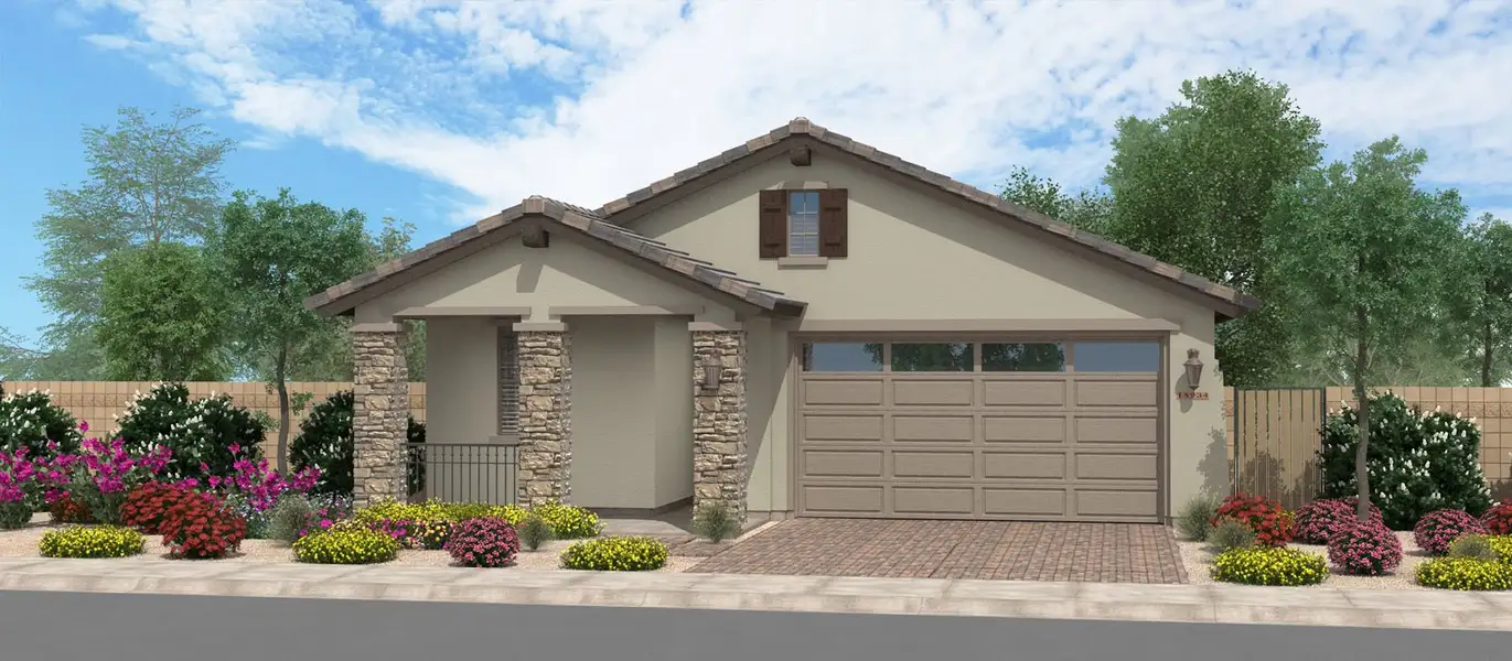 Front exterior of a new home in Redwood Valley at Acclaim, Avondale, AZ, highlighting curb appeal (Image 1). Front exterior of a new home in Redwood Valley at Acclaim, Avondale, AZ, highlighting curb appeal (Image 1).