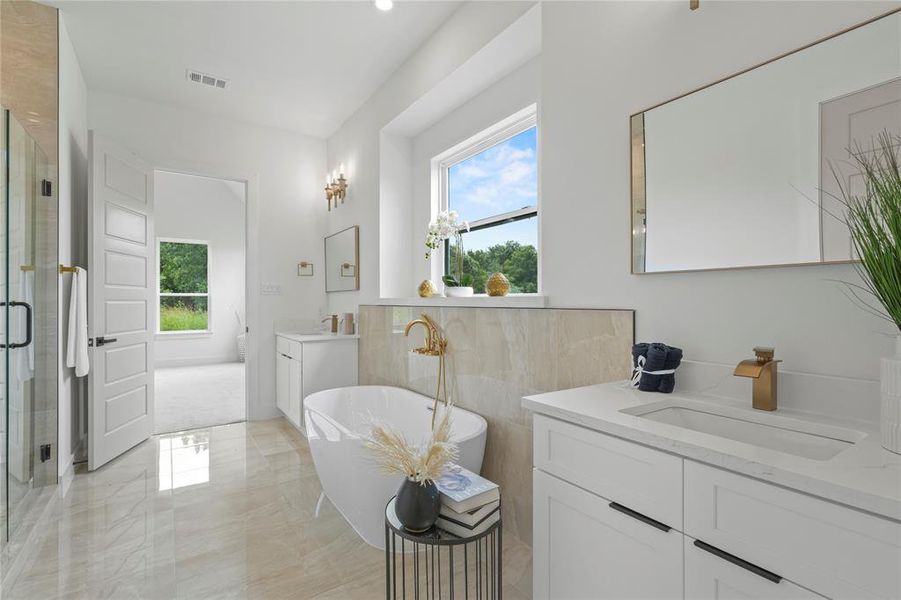 Bathroom with healthy amount of natural light, two vanities, a shower stall, and a freestanding bath