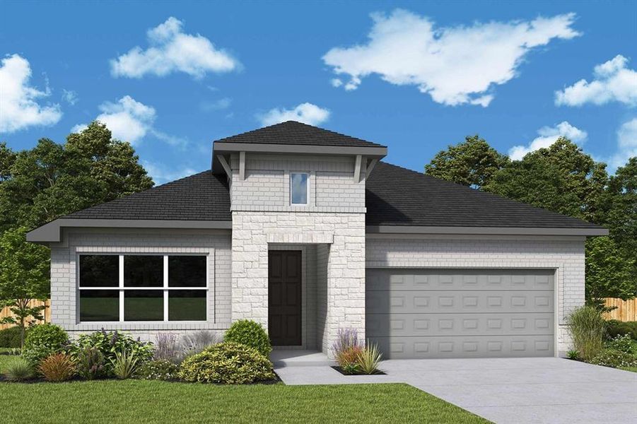 This property features a light-colored brick facade, a prominent dark gray roof, and an attached garage with a gray door This property features a light-colored brick facade, a prominent dark gray roof, and an attached garage with a gray door