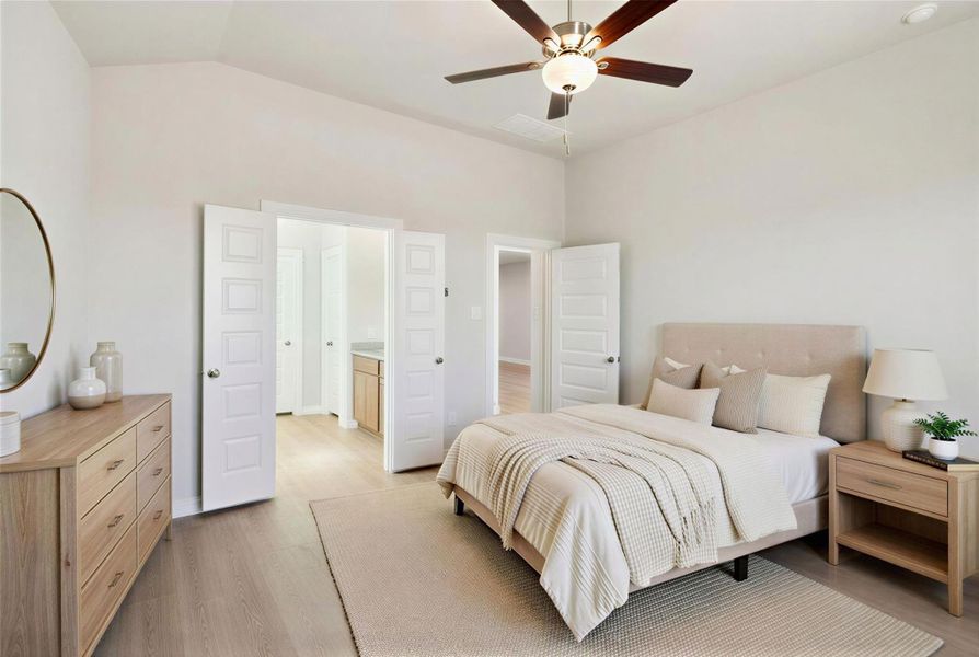 Virtually staged representation of the primary bedroom. Representative Photo. Not Actual Home. Colors and features may vary.
