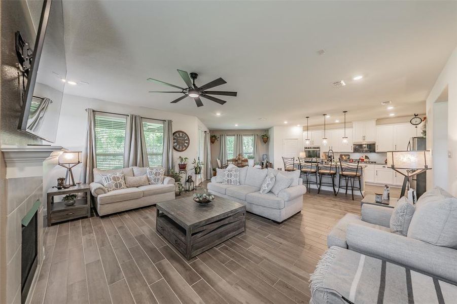 Inviting living area wired for surround sound