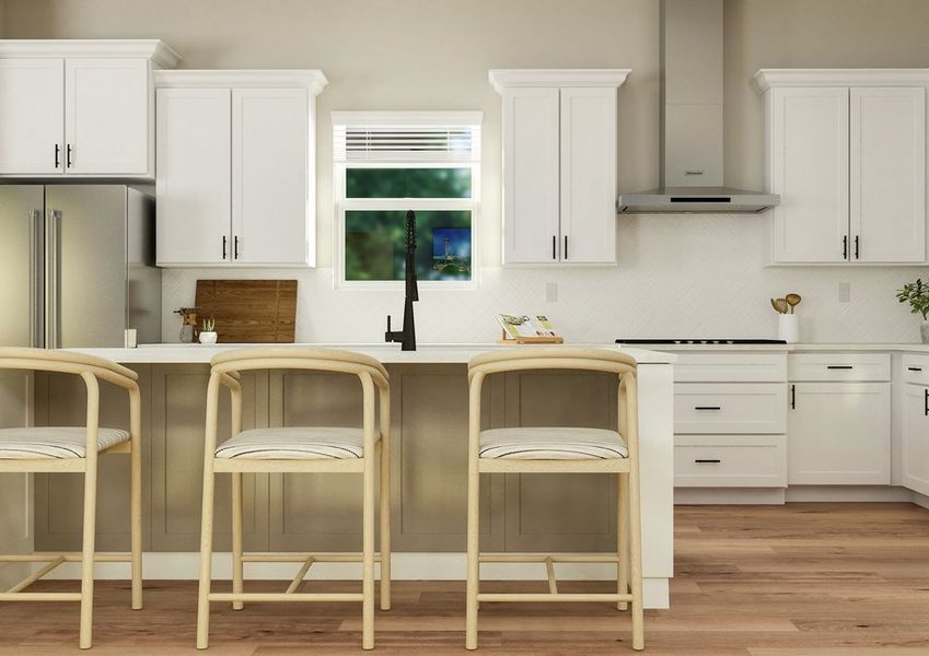 Rendering of the spacious kitchen in the Fairview plan, which has a large island with three chairs. It features white cabinetry, quartz countertops, stainless steel appliances, and a window above the sink. Rendering of the spacious kitchen in the Fairview plan, which has a large island with three chairs. It features white cabinetry, quartz countertops, stainless steel appliances, and a window above the sink.