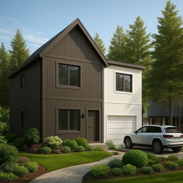 Modern farmhouse style home featuring an attached garage and a front yard Modern farmhouse style home featuring an attached garage and a front yard