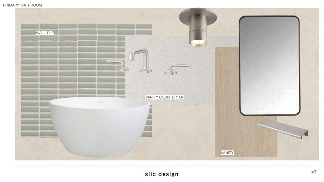 Spa-inspired primary bathroom with floating vanity, luxury fixtures, designer tile