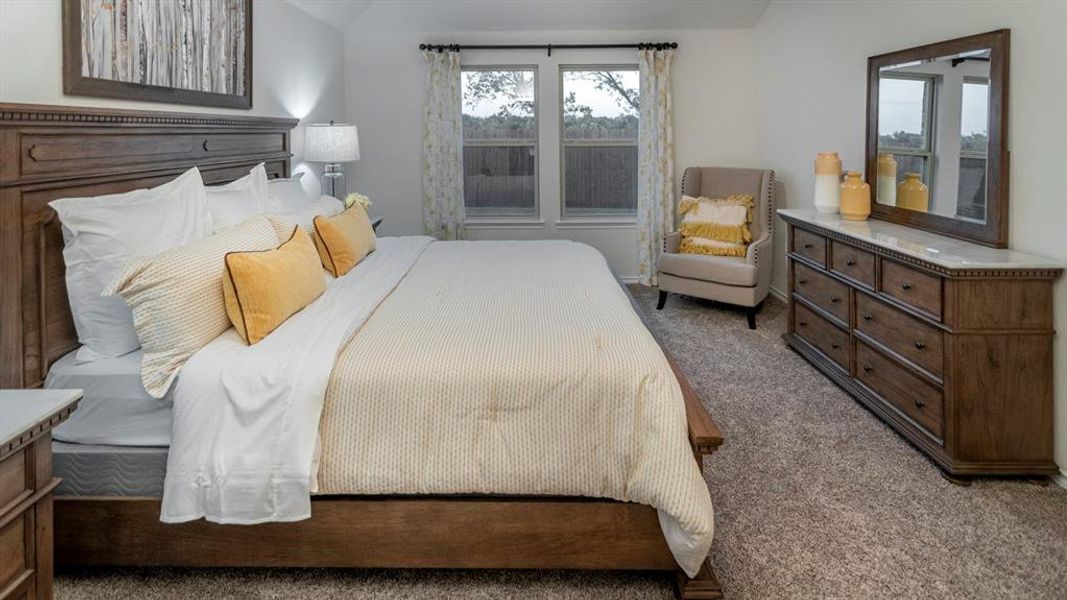 Bedroom with vaulted ceiling and dark colored carpet