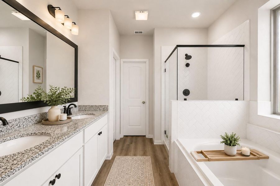 Primary bathroom showcases granite countertops, a sleek glass-enclosed shower, and a relaxing bathtub with modern fixtures.