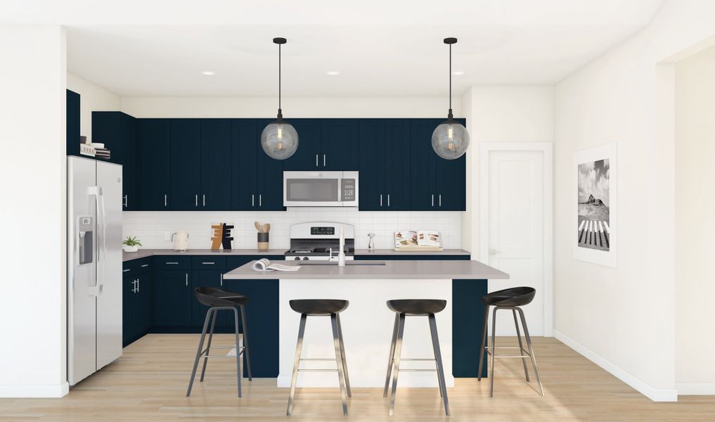 Kitchen with deep blue cabinets and floating shelves