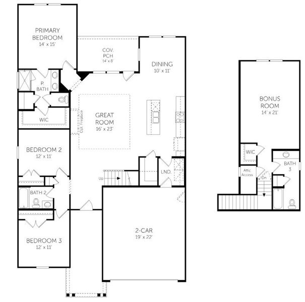 2D floor plan layout for the Camden w/ Bonus - Single Family Homes by Dream Finders Homes in The Pier South, Seneca, SC (Image 3).