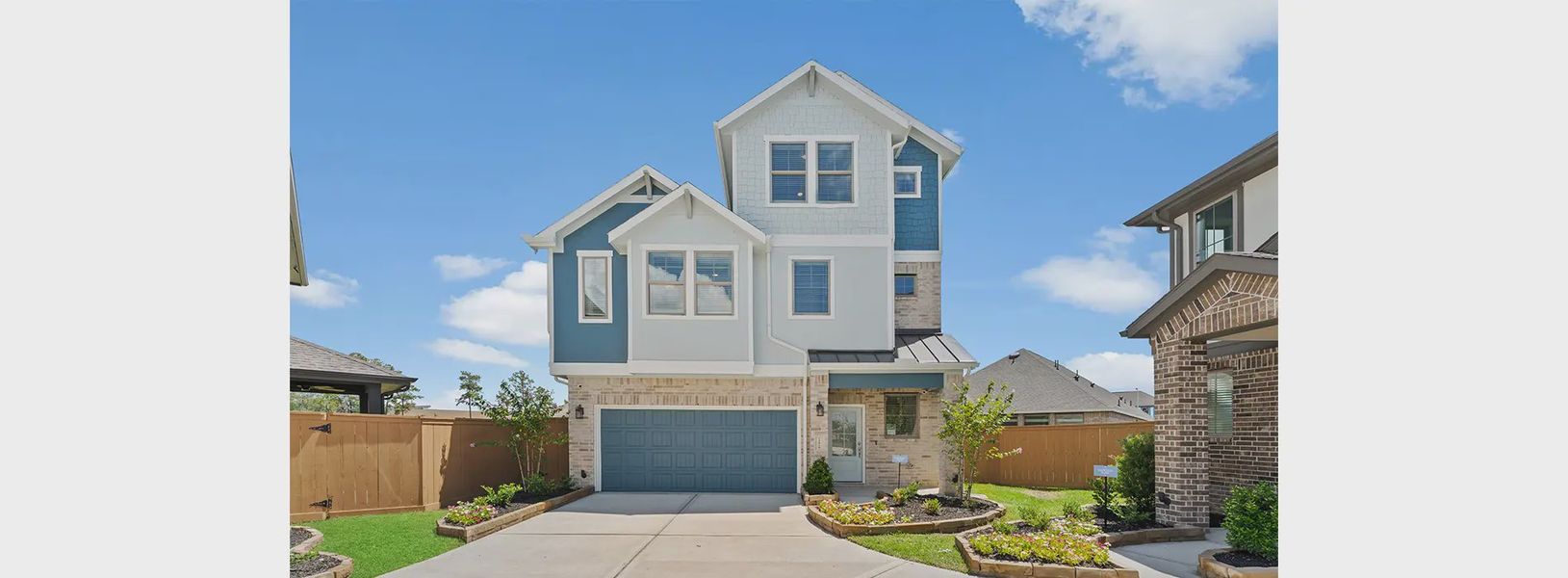 Representative exterior photo of a completed home built from the Hawkins by Chesmar Homes in Sienna Courtyard, Missouri City, TX (Image 15).
