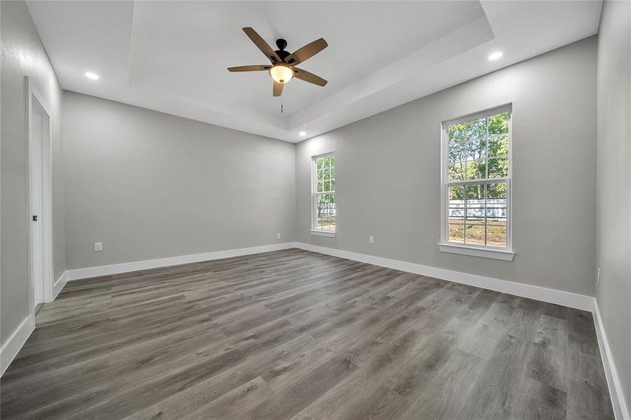 Unfurnished room featuring a raised ceiling, hardwood / wood-style floors, a wealth of natural light, and ceiling fan