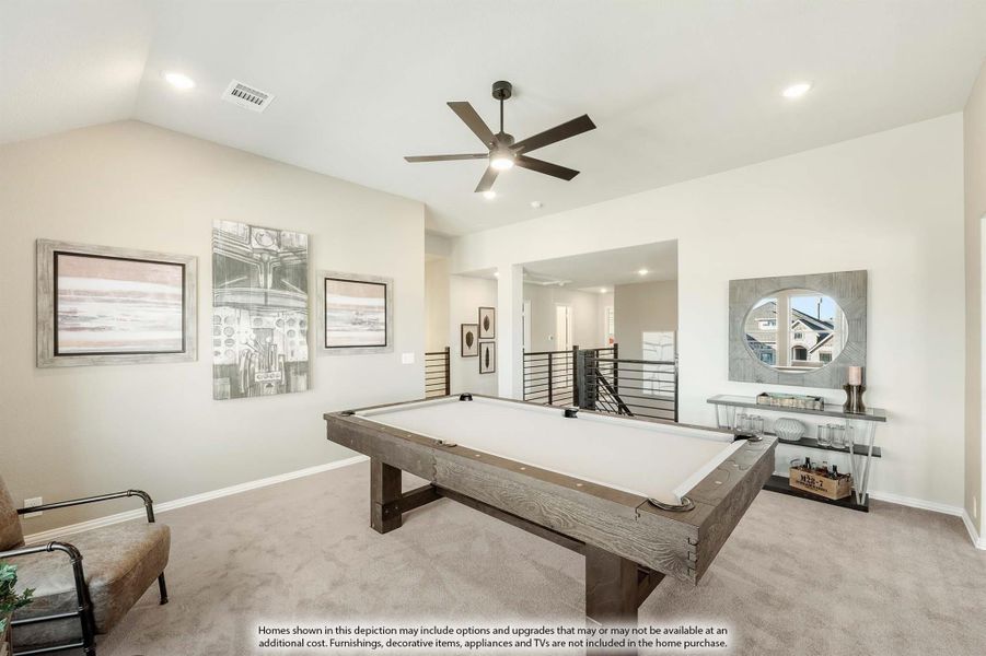 Game room with pool table, vaulted ceiling, ceiling fan, and carpet flooring