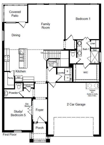 D.R. Horton's Redrock floorplan, 1st floor - All Home and community information, including pricing, included features, terms, availability and amenities, are subject to change at any time without notice or obligation. All Drawings, pictures, photographs, video, square footages, floor plans, elevations, features, colors and sizes are approximate for illustration purposes only and will vary from the homes as built.