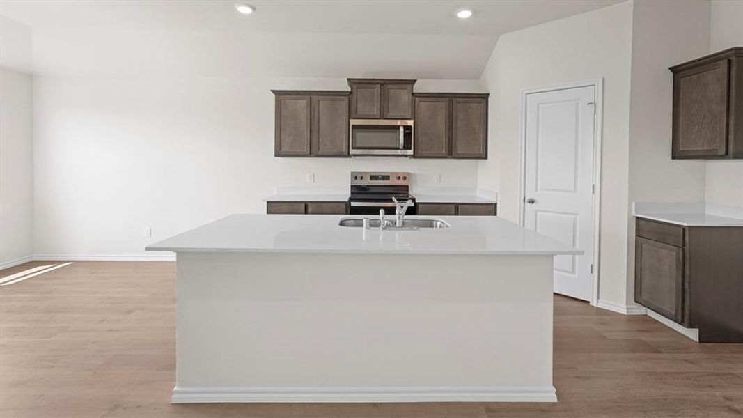 Kitchen featuring a central island with an undermount sink, white countertops, dark wood-finish cabinetry, stainless steel appliances, and wood-finish flooring