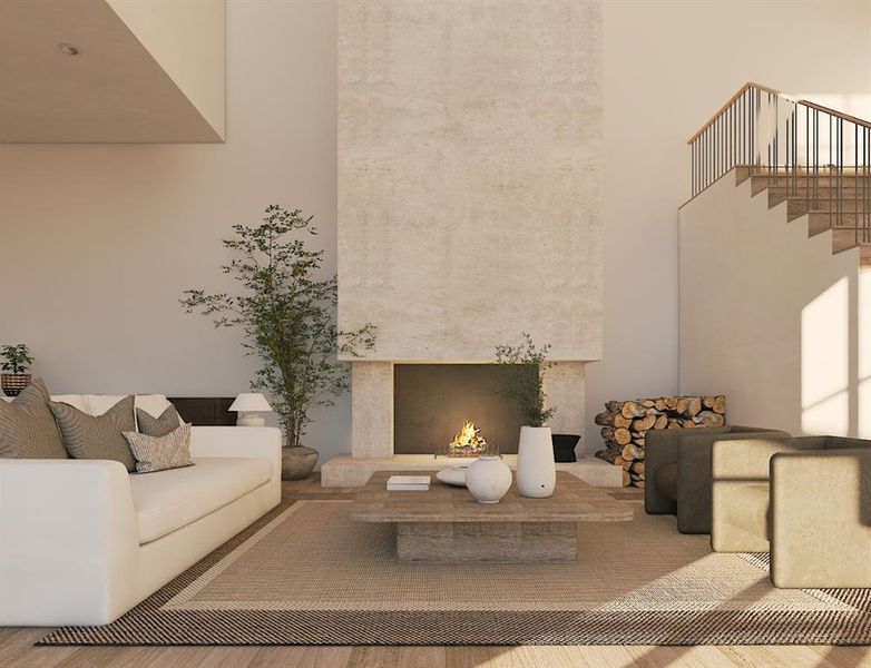 Gas fireplace, bar/wine area under stairs