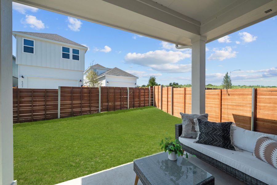 Exterior details and patio area of a home in The Twilight at Goodnight Ranch, Austin (Image 3). Exterior details and patio area of a home in The Twilight at Goodnight Ranch, Austin (Image 3).