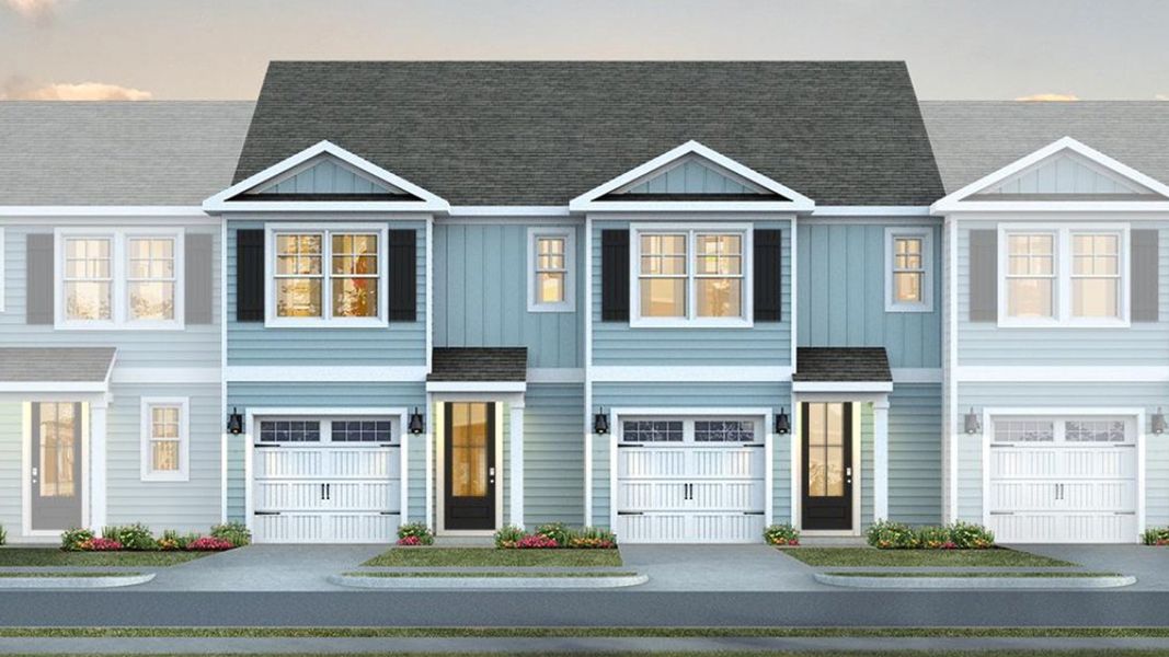 Front exterior of a new home in The Palms at Indigo Preserve Townhomes, Leland, NC, highlighting curb appeal (Image 1). Front exterior of a new home in The Palms at Indigo Preserve Townhomes, Leland, NC, highlighting curb appeal (Image 1).