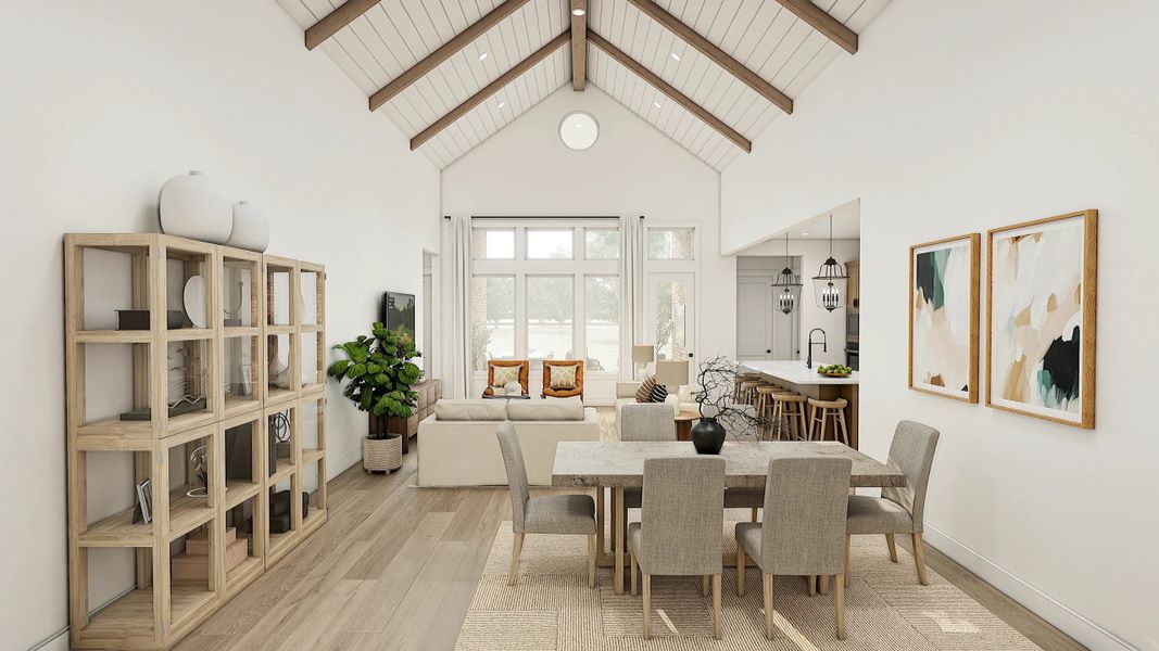 Dining Area & Great Room with Stained Ceiling Beams & Shiplap Dining Area & Great Room with Stained Ceiling Beams & Shiplap