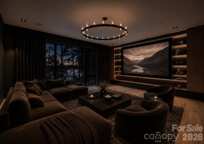 Media room with custom LED display, designed for a projector screen or XL TV. Disclosure: This image has been digitally enhanced with AI-generated virtual staging and does not reflect the property's actual condition. Media room with custom LED display, designed for a projector screen or XL TV. Disclosure: This image has been digitally enhanced with AI-generated virtual staging and does not reflect the property's actual condition.