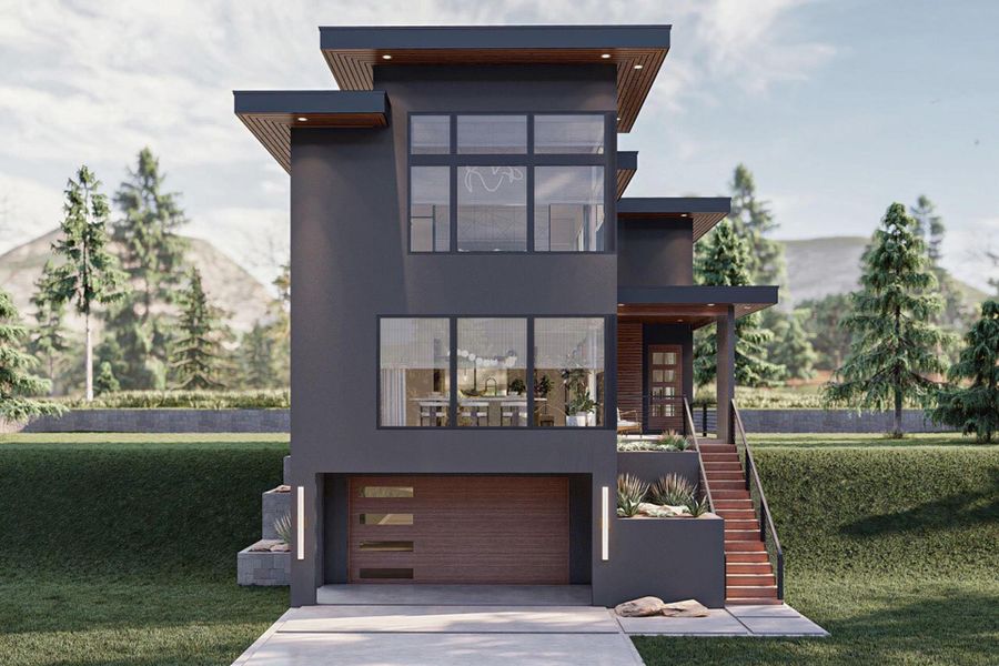 View of front of house with stucco siding, a front lawn, stairs, an attached garage, and driveway