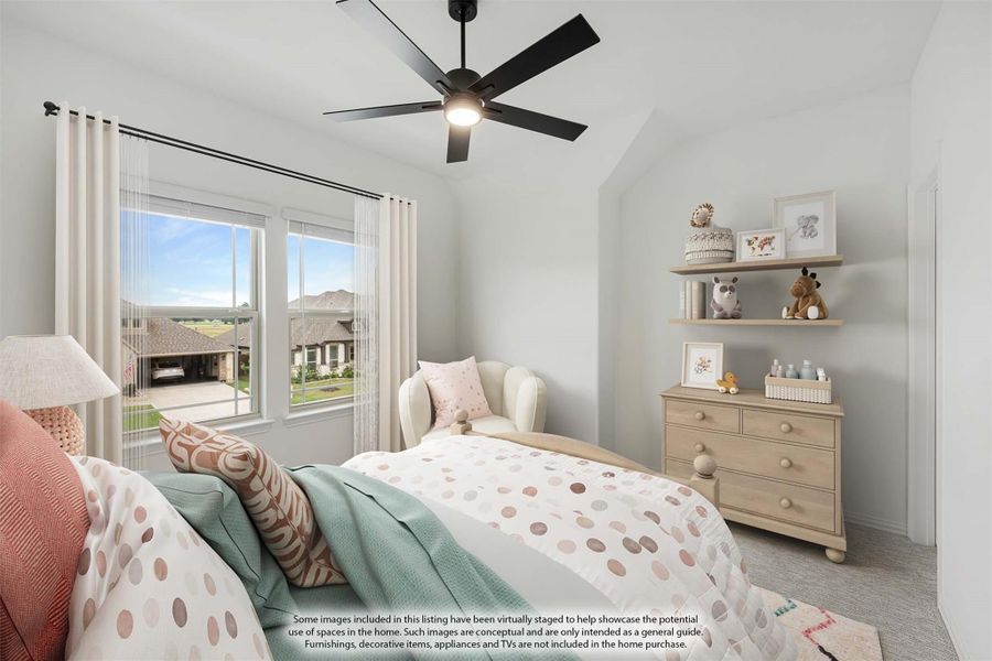 Children's bedroom with ceiling fan, wood dresser, wall shelves, and large window with neighborhood view Children's bedroom with ceiling fan, wood dresser, wall shelves, and large window with neighborhood view