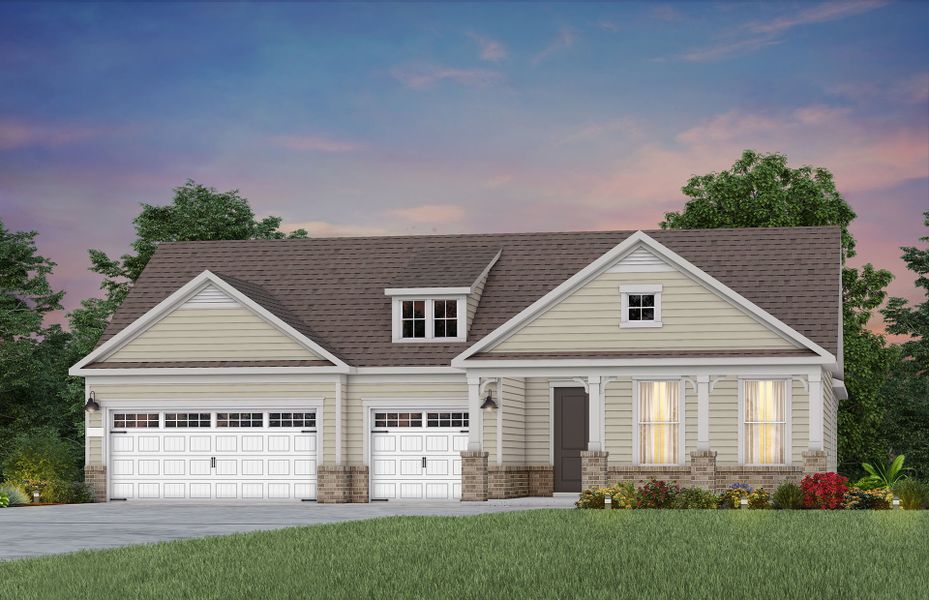 Front exterior of a new home in Del Webb Wilmington at Mallory Creek, Leland, NC, highlighting curb appeal (Image 2). Front exterior of a new home in Del Webb Wilmington at Mallory Creek, Leland, NC, highlighting curb appeal (Image 2).