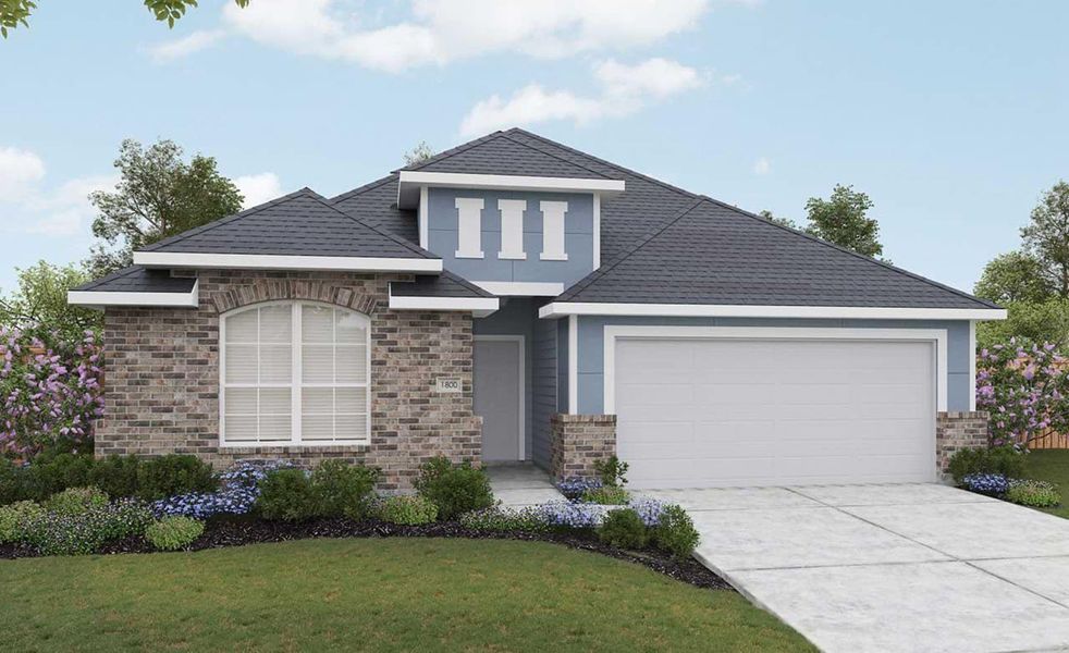 Front exterior of a new home in Sunterra, Katy, TX, highlighting curb appeal (Image 1).