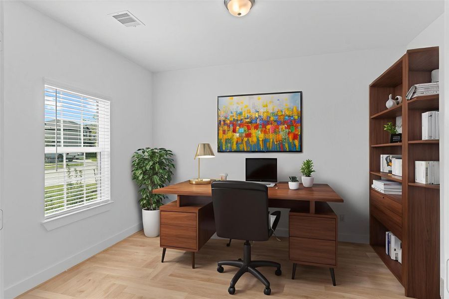 Guest bedroom with walk in closet and high ceilings.