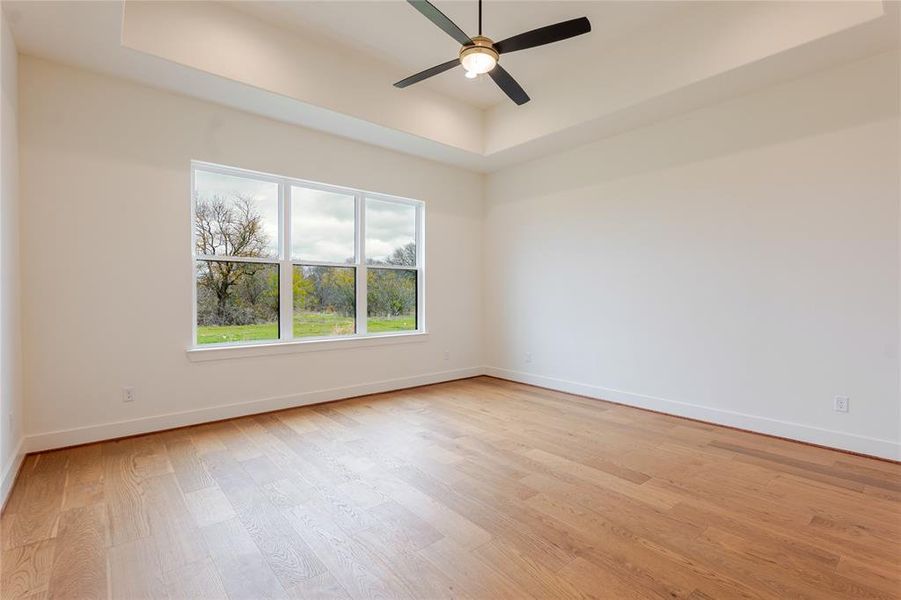 Empty room with a tray ceiling, light wood-style flooring, and ceiling fan