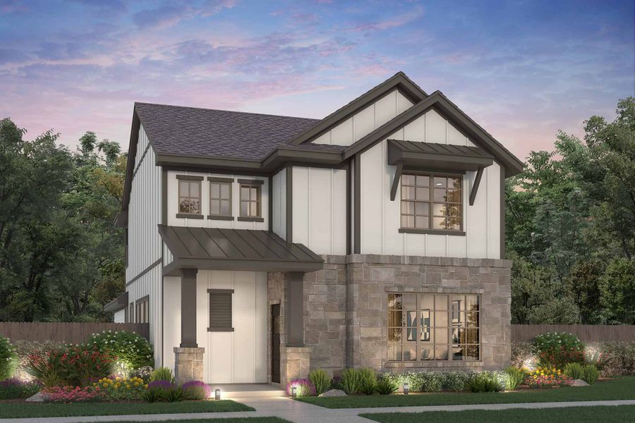 Front exterior of a new home in The Porch at Du Pre, Buda, TX, highlighting curb appeal (Image 1). Front exterior of a new home in The Porch at Du Pre, Buda, TX, highlighting curb appeal (Image 1).