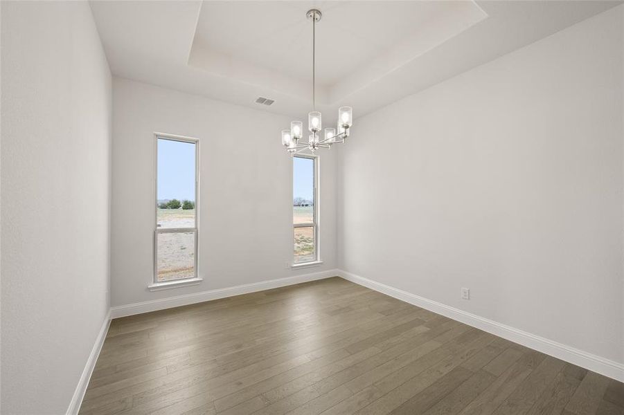 Spare room featuring a chandelier, a raised ceiling, dark wood-type flooring, and baseboards Spare room featuring a chandelier, a raised ceiling, dark wood-type flooring, and baseboards
