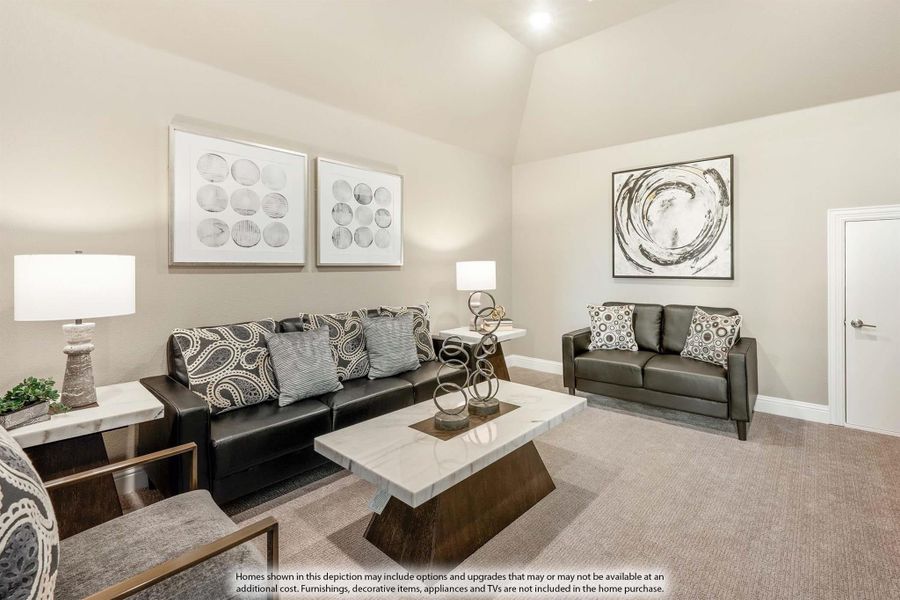 Living room with vaulted ceiling, dark leather sofas, marble coffee table, and neutral carpet flooring