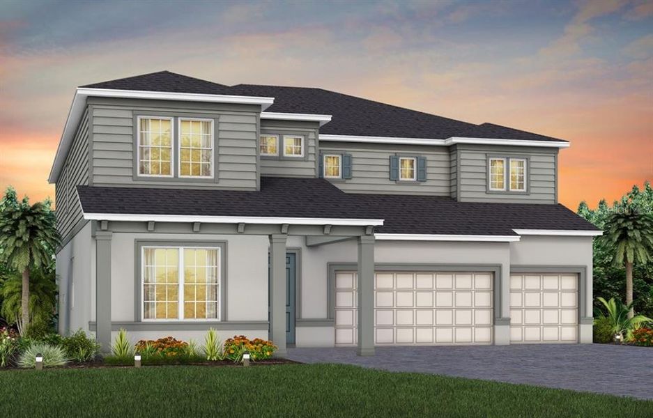 Front exterior of a new home in Parkside Trails, Clermont, FL, highlighting curb appeal (Image 1).