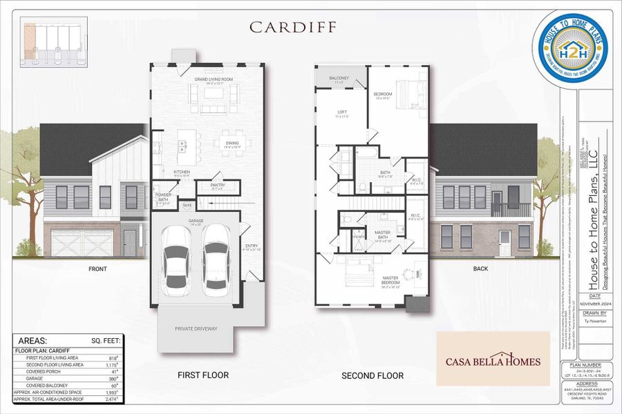 2D floor plan layout for the Cardiff by Casa Bella Homes in Crescent Heights Luxury Townhomes, Garland, TX (Image 3).