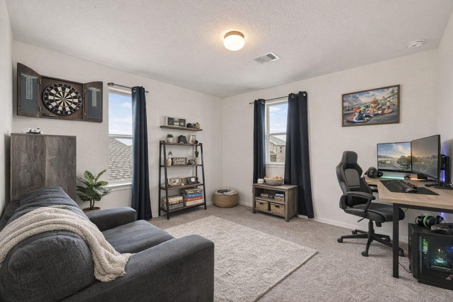 Bright upstairs game room with plush carpet, neutral walls, and two sunny windows.