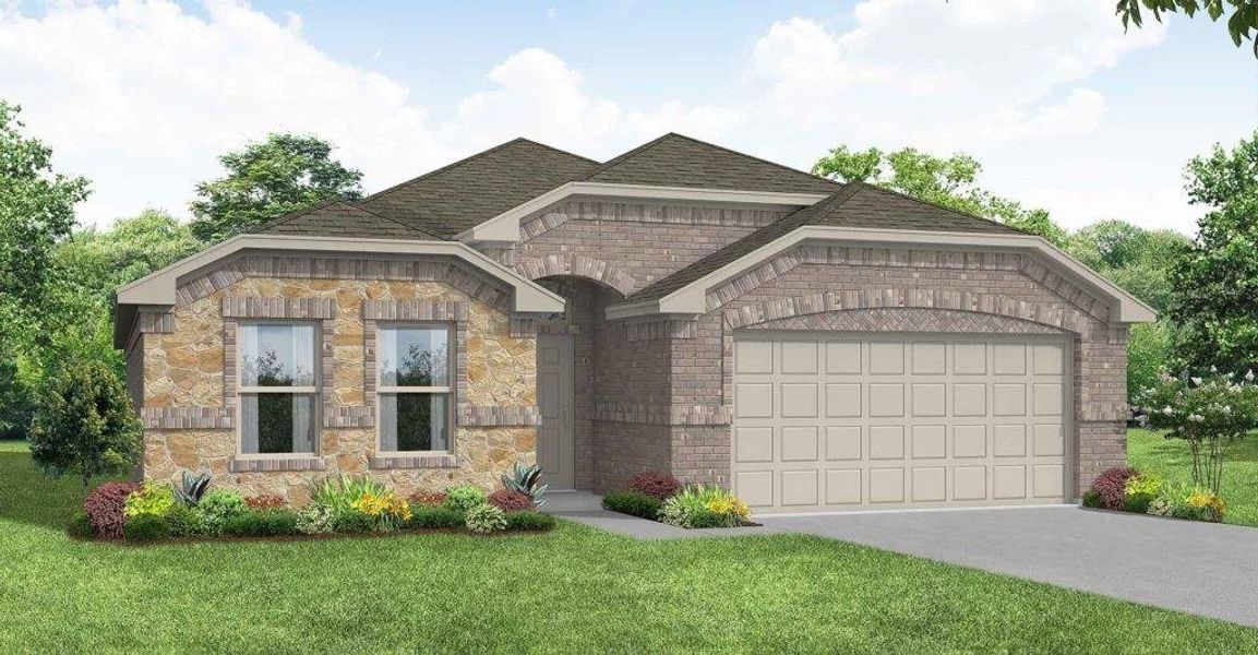 Front exterior of a new home in Myrtle Creek, Waxahachie, TX, highlighting curb appeal (Image 1). Front exterior of a new home in Myrtle Creek, Waxahachie, TX, highlighting curb appeal (Image 1).