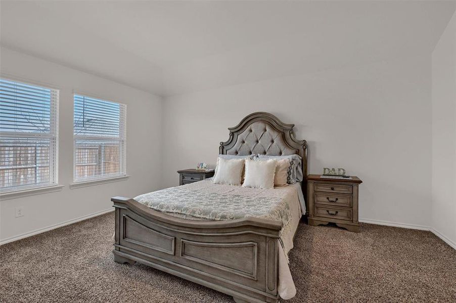 Carpeted bedroom with baseboards and vaulted ceiling