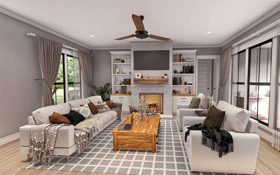 This open concept home features vaulted ceilings, wood burning fireplace, & an oversized island.