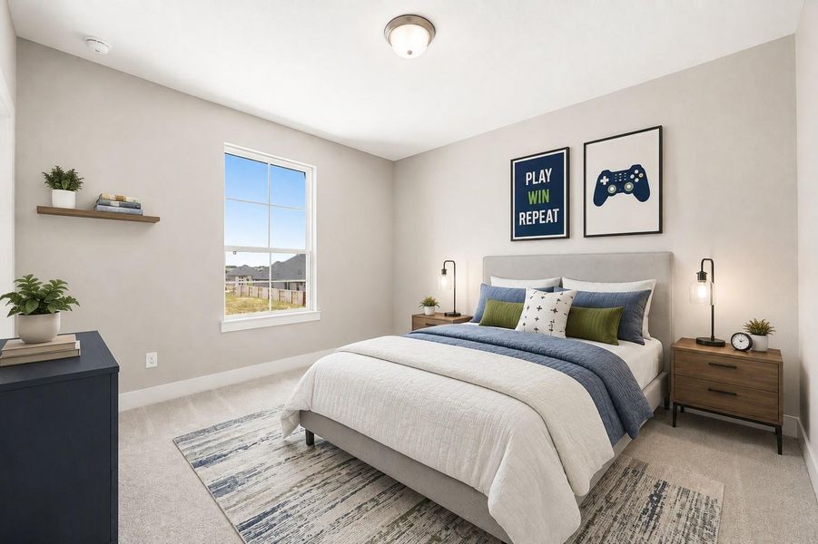 A bright secondary bedroom offers plush carpet and a large window overlooking the neighborhood. Virtually staged. A bright secondary bedroom offers plush carpet and a large window overlooking the neighborhood. Virtually staged.