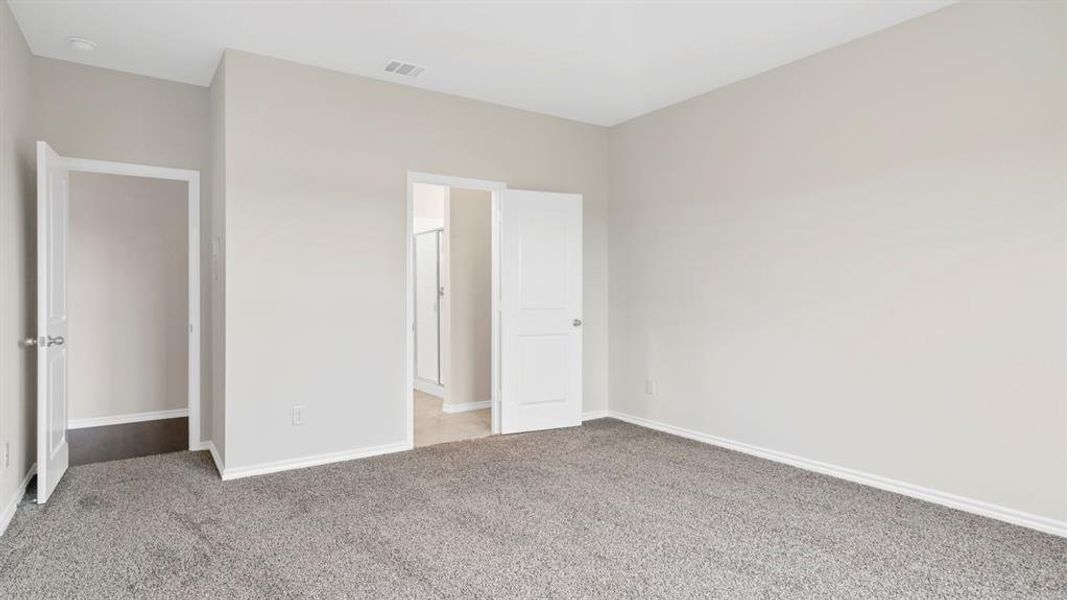 Carpeted room with light gray walls, white trim, and two paneled doors with chrome hardware